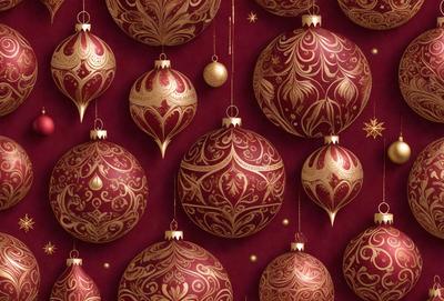 The primary subject of the image is a collection of ornate, gold-trimmed Christmas ornaments. These ornaments are displayed on a red background, which adds a festive and warm atmosphere to the scene. The visual style of the image is a combination of digital art and illustration, creating a detailed and intricate representation of the ornaments. The colors and mood of the image are predominantly red and gold, which are associated with the holiday season and convey a sense of celebration and joy.